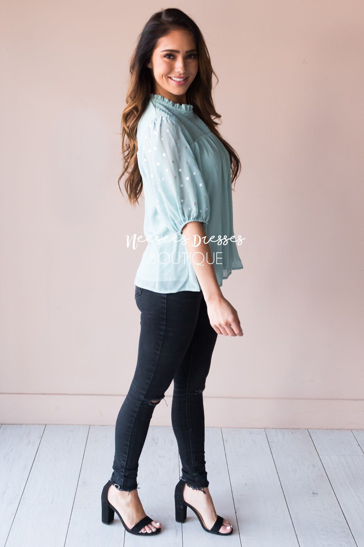 Mint Shimmer Smocked Modest Blouse