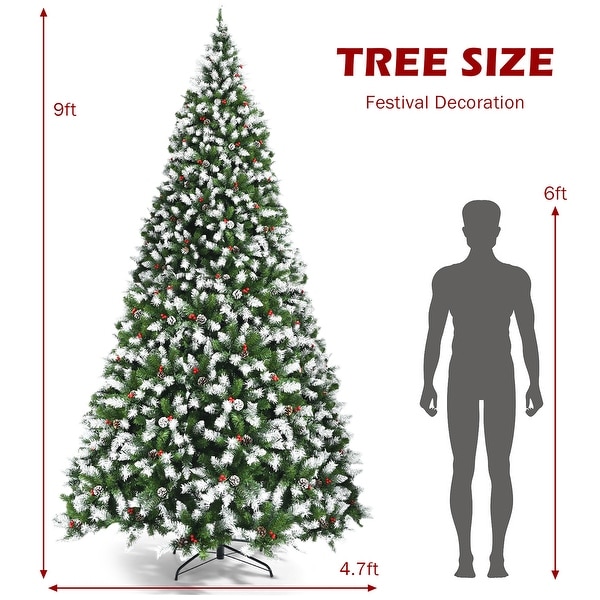 Costway 9ft Prelit Snowy Christmas Tree 2058 Tips w/ Pine Cones and Red