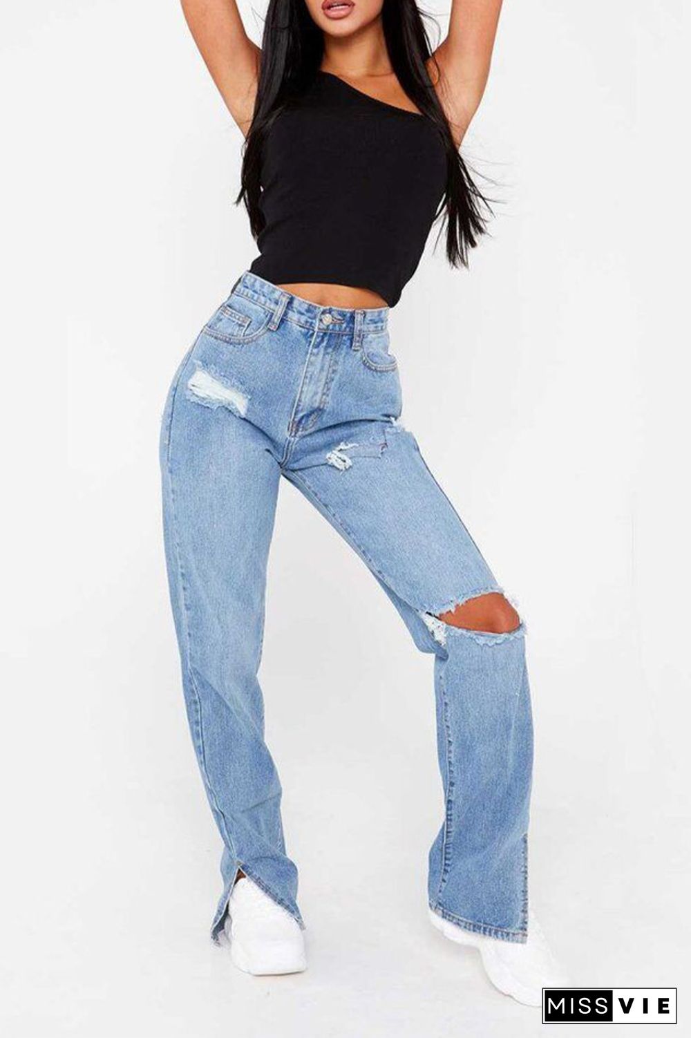 Washed Rip Split Jeans Pants