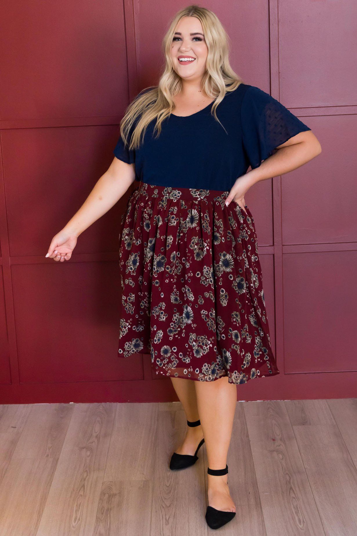 Burgundy Cluster Floral Chiffon Skirt