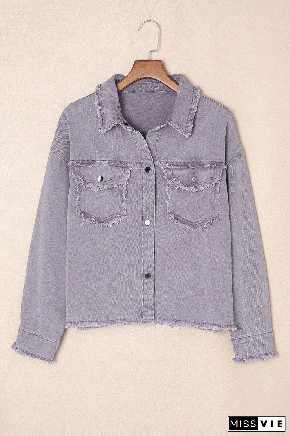 Distressed Flap Pockets Frayed Hemline Denim Jacket