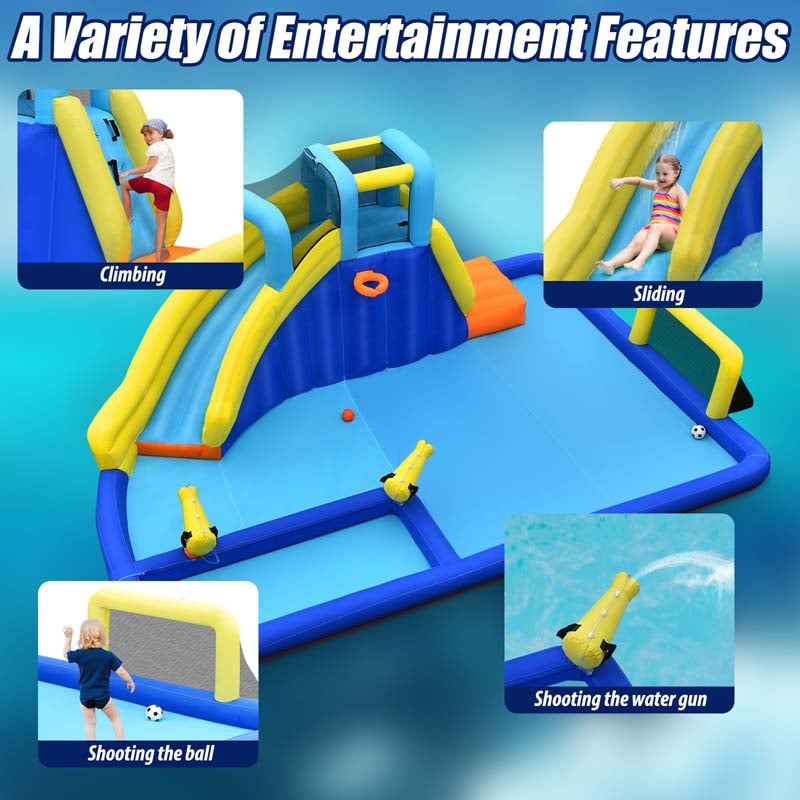 6-in-1 Kids Giant Water Park Inflatable Water Slide Bounce House with Large Soccer Splash Pool, Water Cannons, Climbing Wall