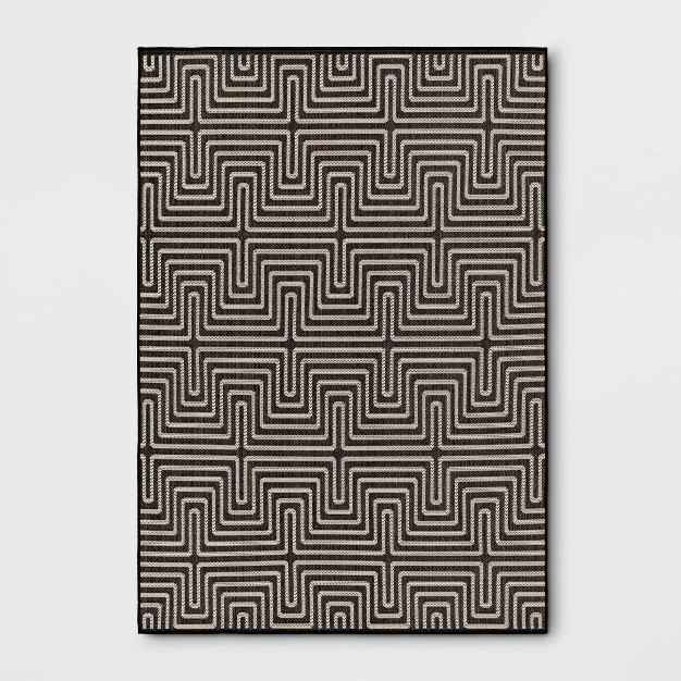 Modern Geo Rectangular Woven Indoor Outdoor Area Rug Black tan