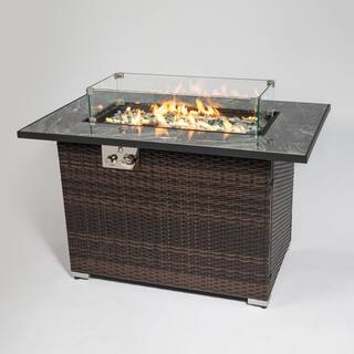 43.3 in. Outdoor Wicker Fire Pit Table with Lid Blue Glass Beads and Glass Wind Guard ZHY85343036