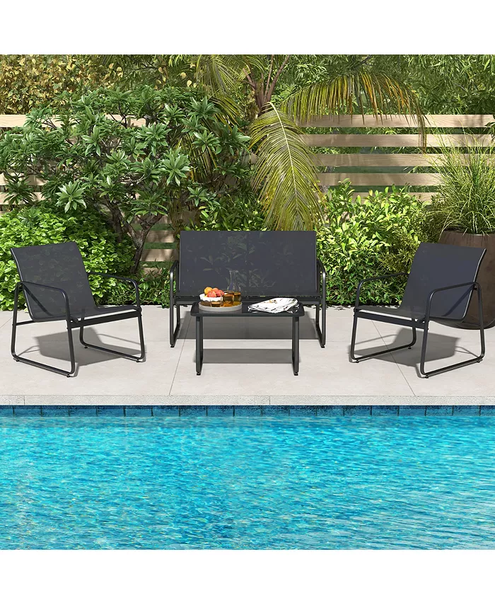 Costway 4 Pieces Patio Furniture Set Outdoor Tempered Glass Coffee Table Chair Loveseat