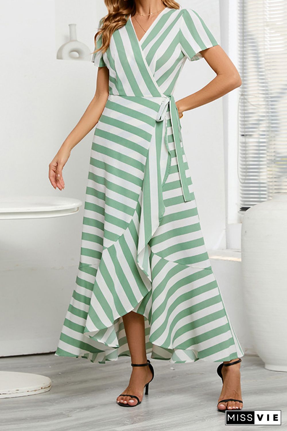 Stripes Splicing Irregular Ruffle Maxi Dress