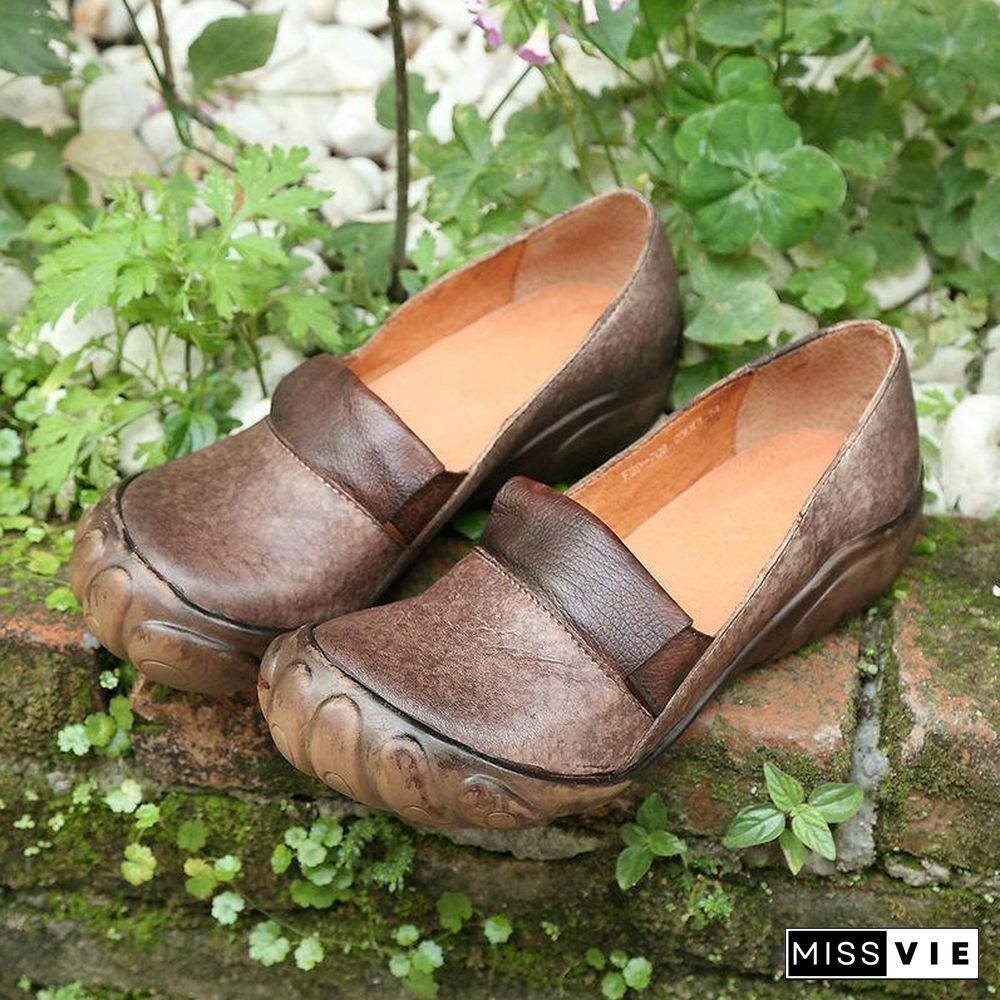 Chocolate Genuine Leather Vintage Flats  Flat Feet Shoes