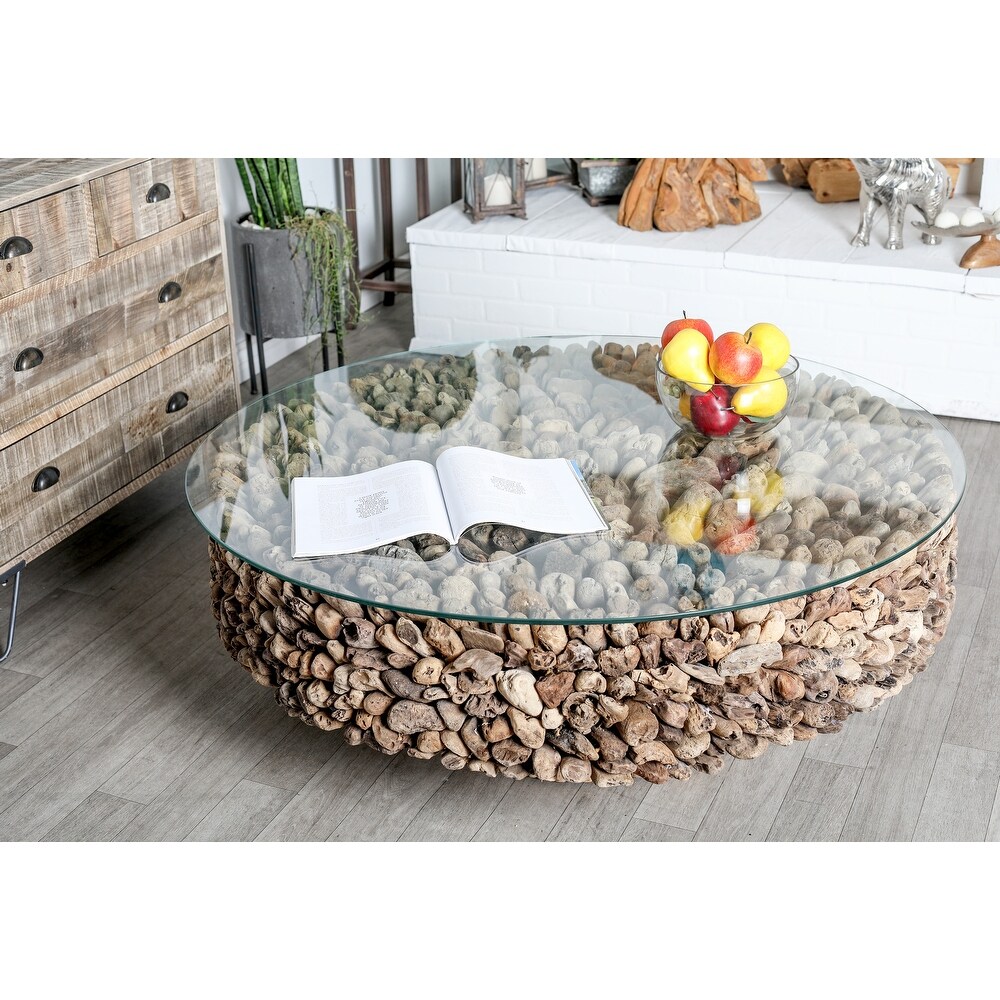 Brown Driftwood Handmade Collage and Pedestal Base Coffee Table with Tempered Glass Top   48\