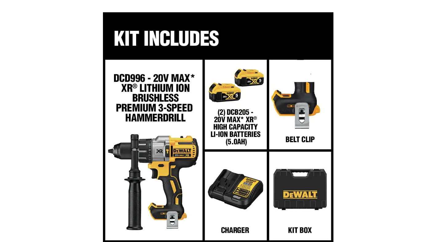 DEWALT DCD996P2 20-Volt MAX XR Cordless Brushless 3-Speed 1/2 in. Hammer Drill with (2) 20-Volt 5.0Ah Batteries and Charger