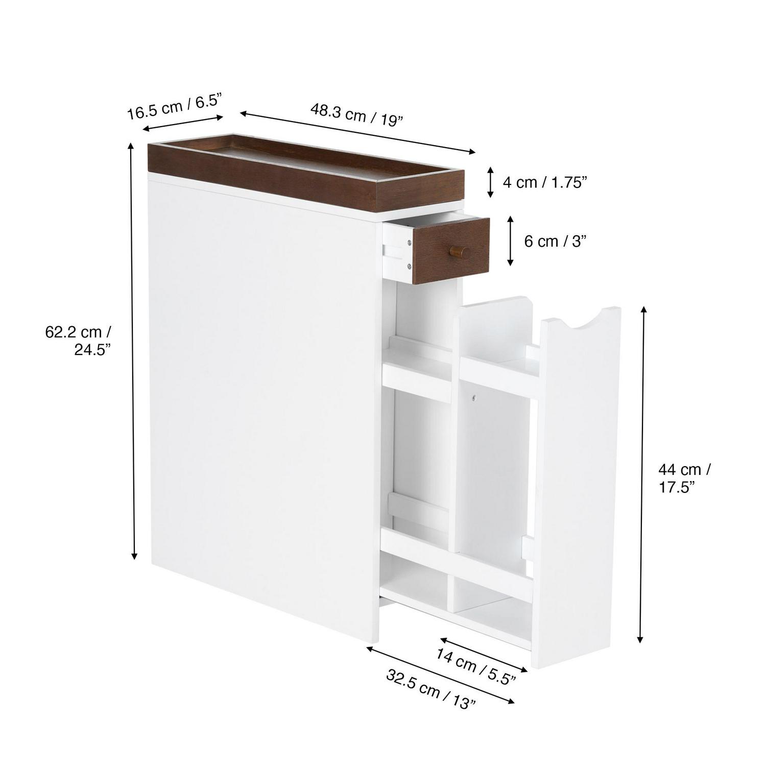 Teamson Home Narrow Cabinet with Drawers and Tray 6.5 L x 24.5 H， White/Brown