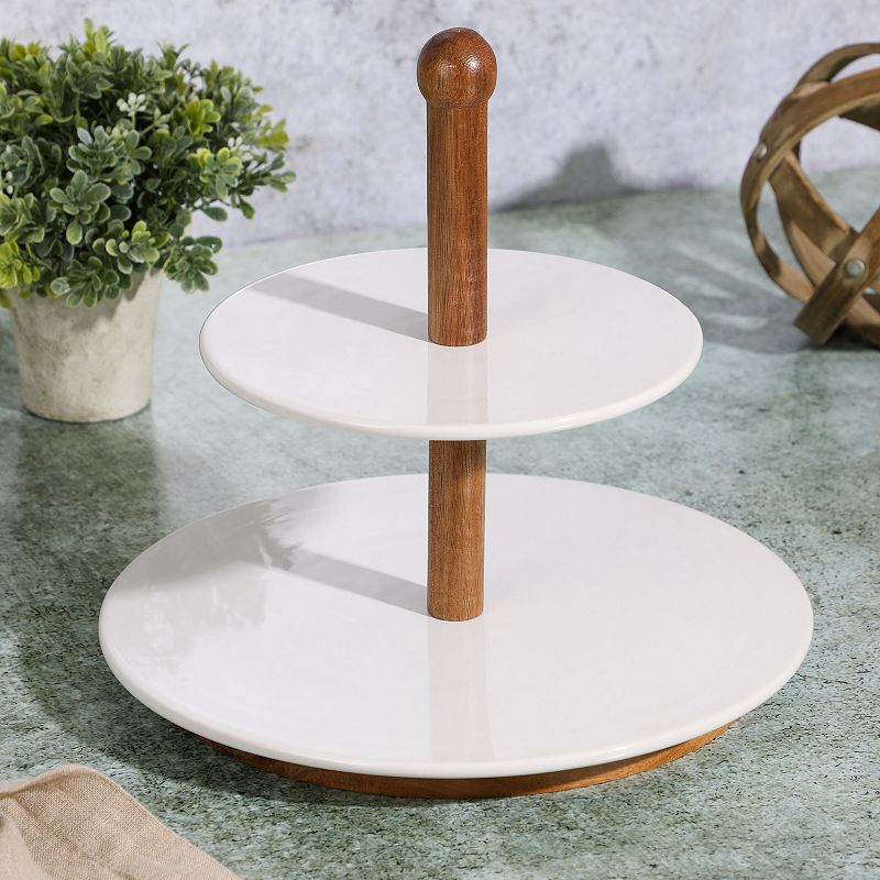 Gibson Elite Gracious Dining 3 Piece 2-Tier Stoneware Serving Stand with Wood Base