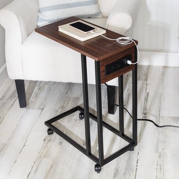 Walnut/Black C-Shape Rolling Side Table with Outlets