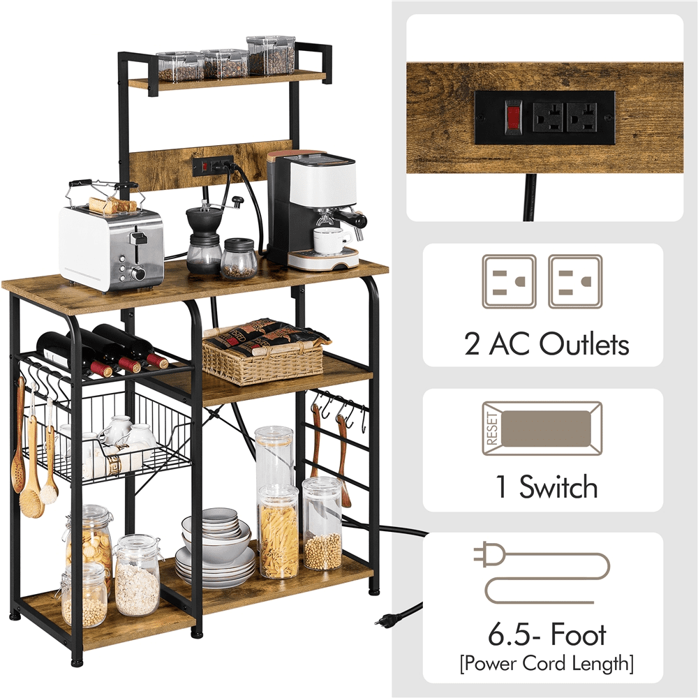 Topeakmart 4-Tier Kitchen Baker's Rack with Power Outlet 10 S-Hooks， Rustic Brown