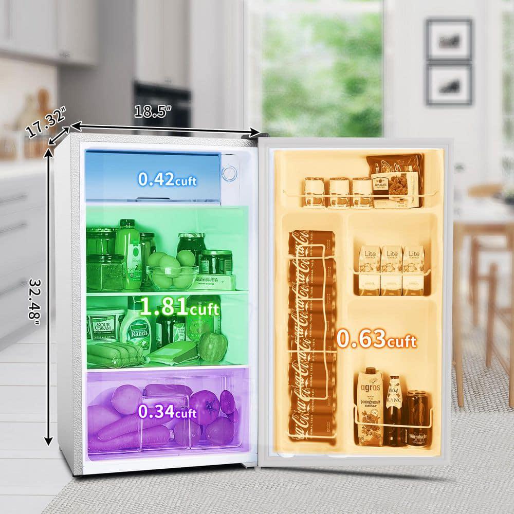 32 cu ft Sliver Mini Fridge Compact Refrigerator with Freezer and Reversible Door 5 Temperature Adjustable for Kitchen