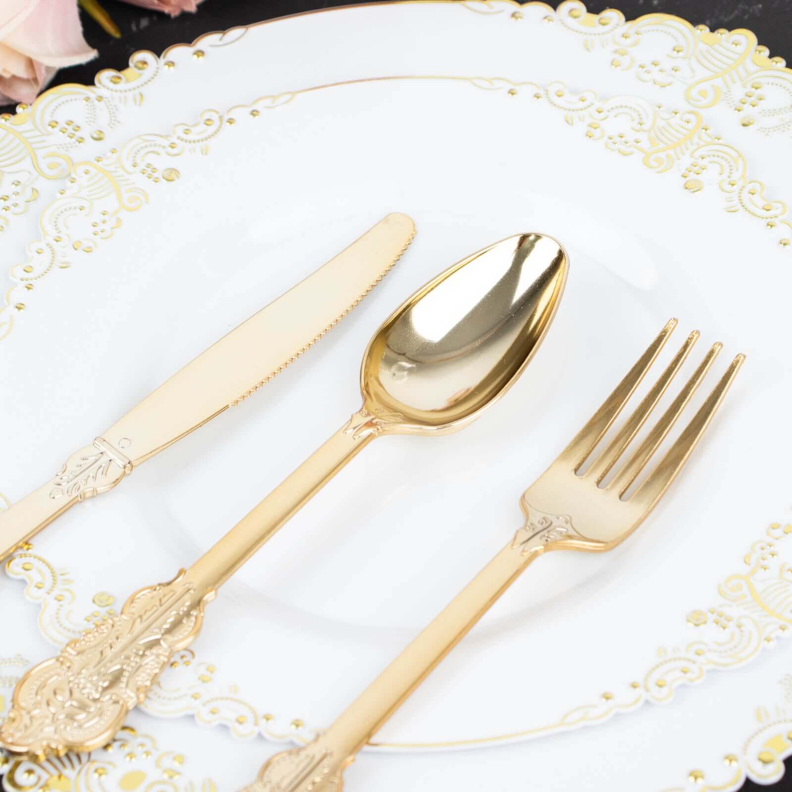 24 Pack Metallic Gold Baroque Style Heavy Duty Plastic Silverware Set