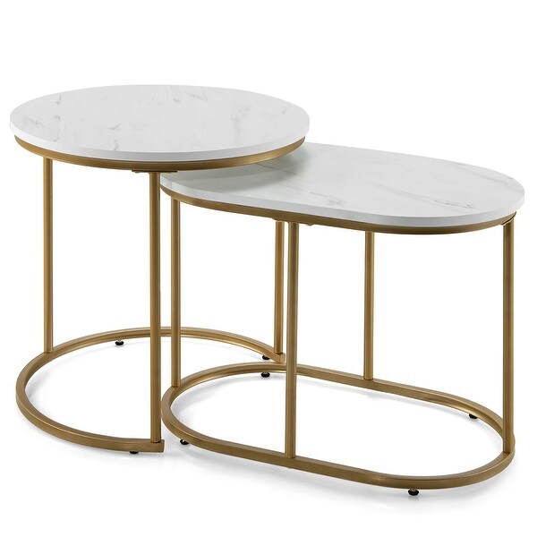 Costway Nesting Coffee Table Modern Set of 2 Marble Coffee Side Table