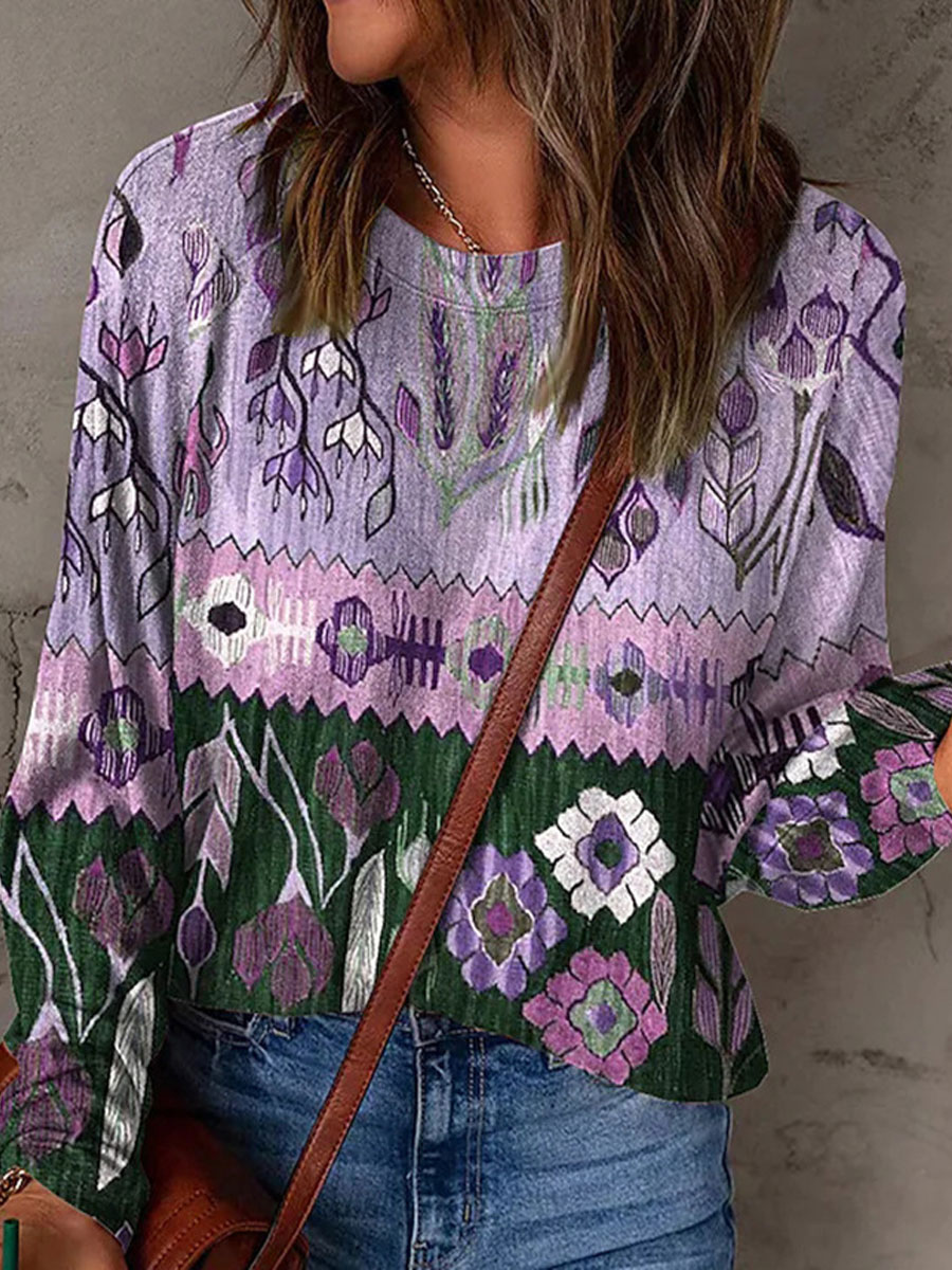 Round Neck Casual Loose Floral Print Long Sleeve T-Shirt