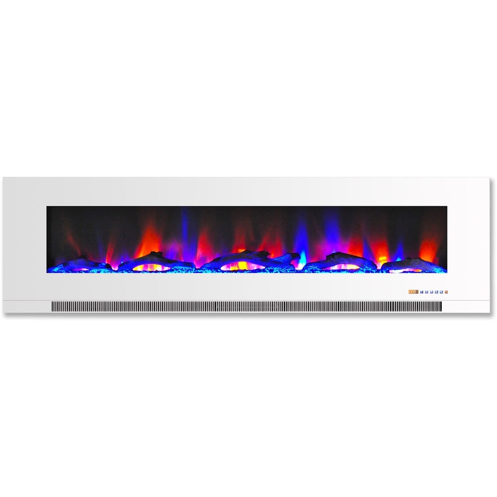 Hanover 60 In. Wall Mount Electric Fireplace in White with Multi Color Flames and Driftwood Log Display