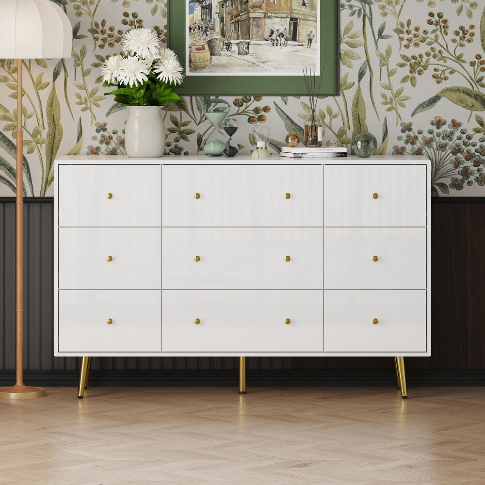 Contemporary 9 Drawer Dresser   High Gloss Finish with Gold Legs Chest