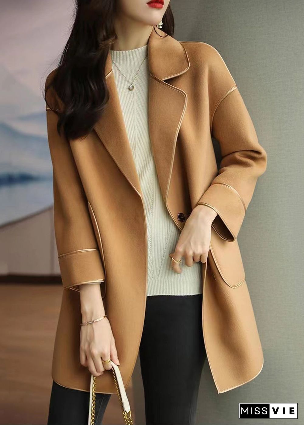 Light Camel Woolen Trench Coats Lapel Oversized Fall