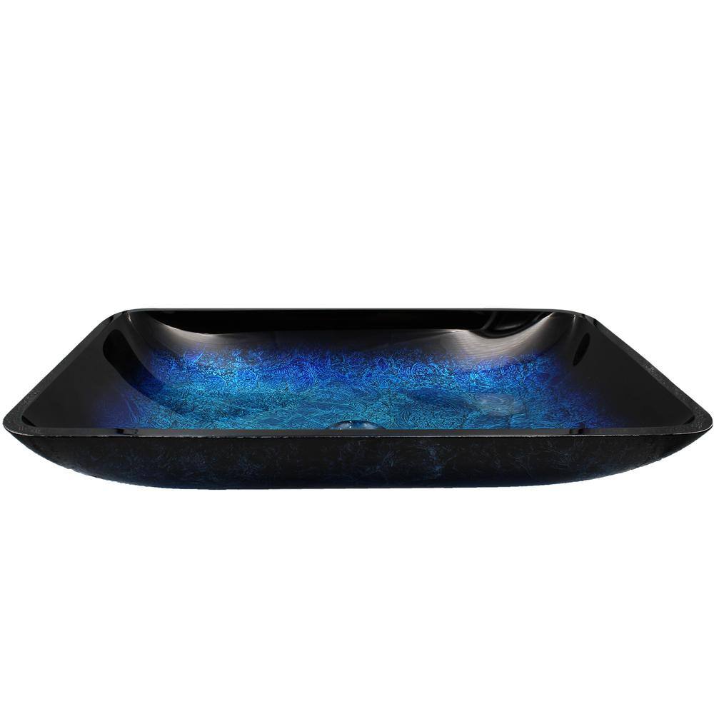 Novatto Fresca Glass Vessel Sink in Blue and Black with Pop-Up Drain in Matte Black NOHP-G19034MB