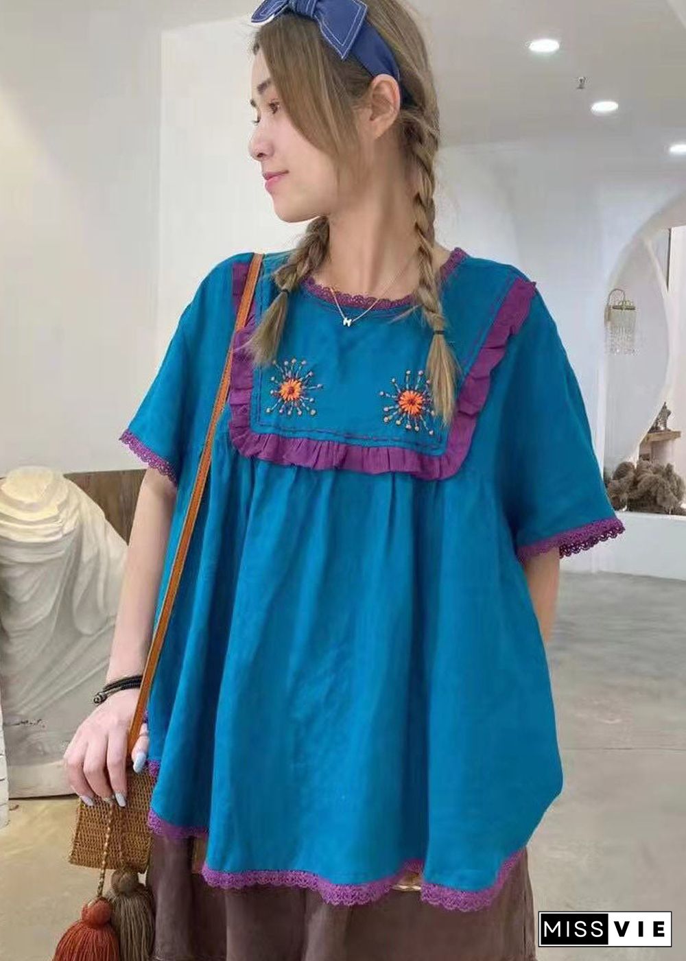 Style Blue Embroideried Patchwork Cotton Shirt Short Sleeve