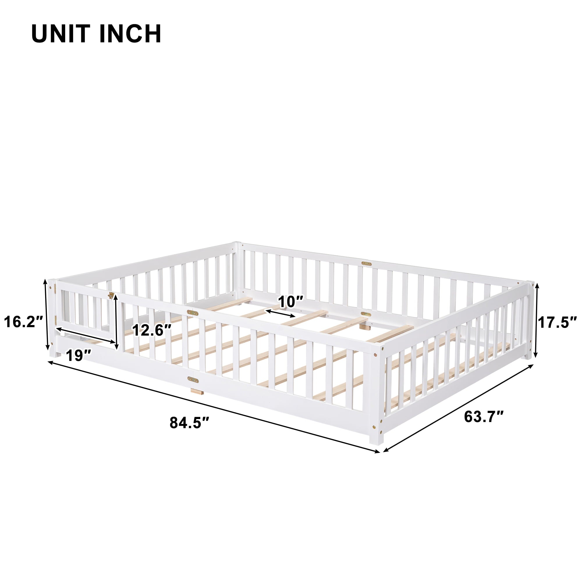 uhomepro Queen Size Wood Floor Bed Frame with Fence and Door for Kids, Toddlers, White