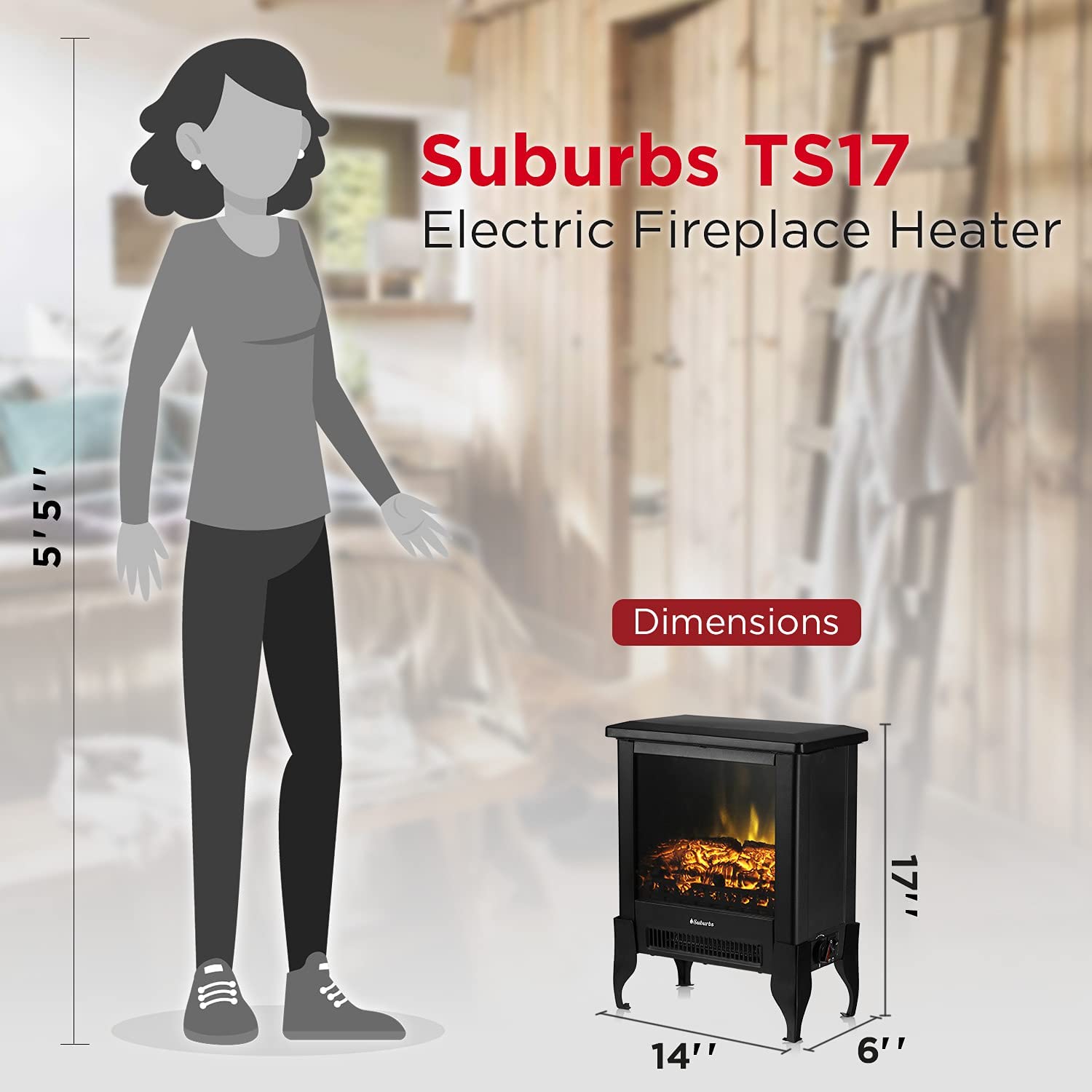 Turbro Suburbs TS17 Compact Electric Fireplace Stove, 18” Freestanding Stove, Realistic Flame , Overheating Safety Protection- 1400W