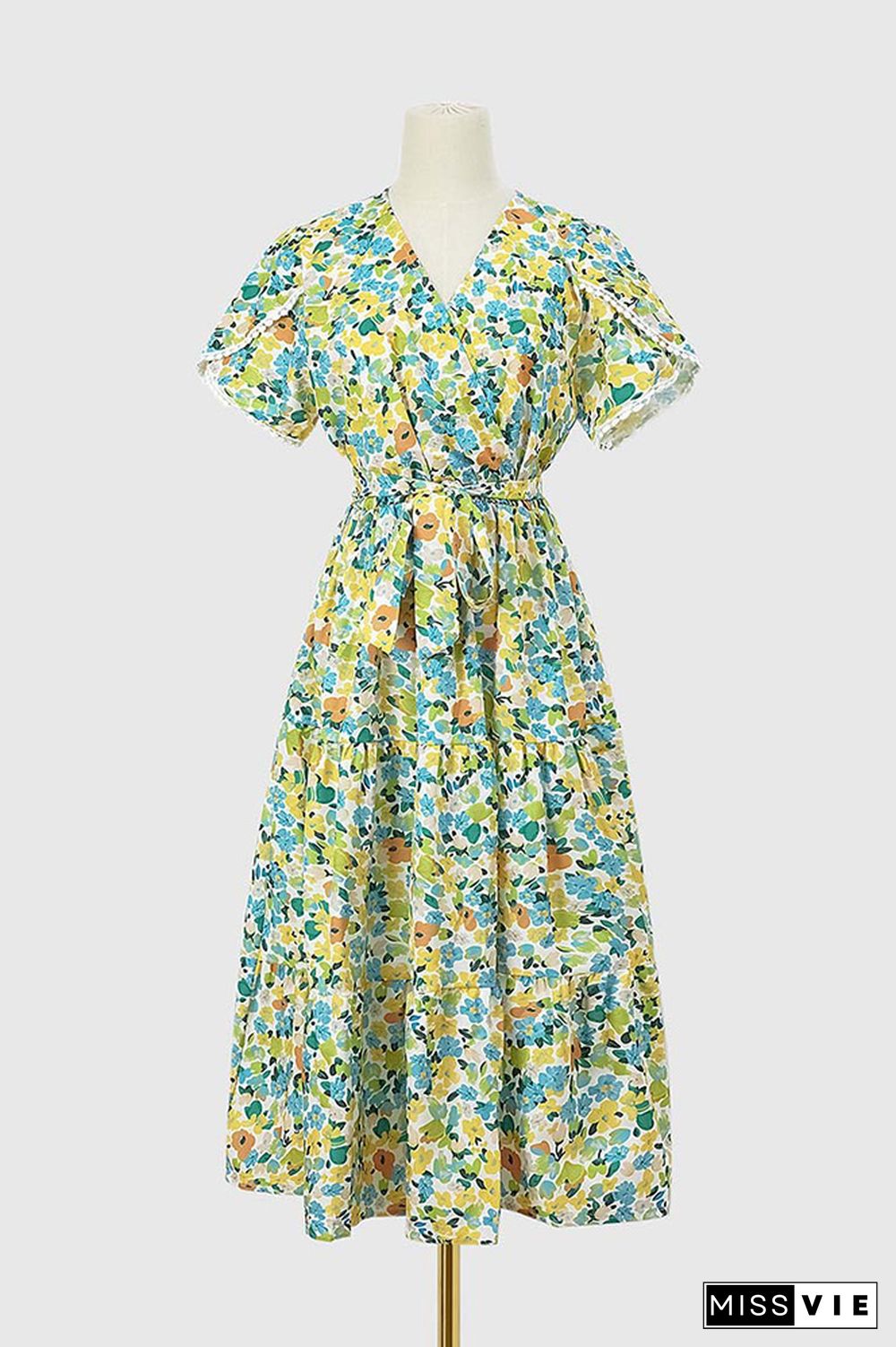 Wrap V Neck Tulip Sleeves Maxi Floral Dress