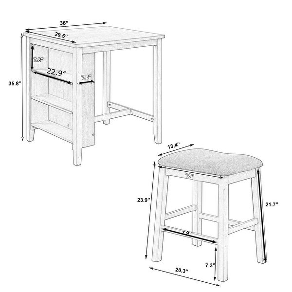 3 Piece Kitchen and Dining Furniture Set， Counter Height Rustic Farmhouse Wooden Bar Table with 2 Padded Stools and Storage Shelf