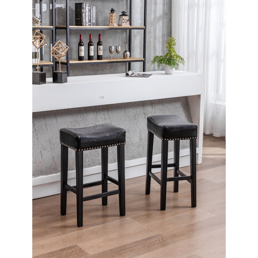 2pcs Counter Height Black Leather Bar Stools Backless Barstools