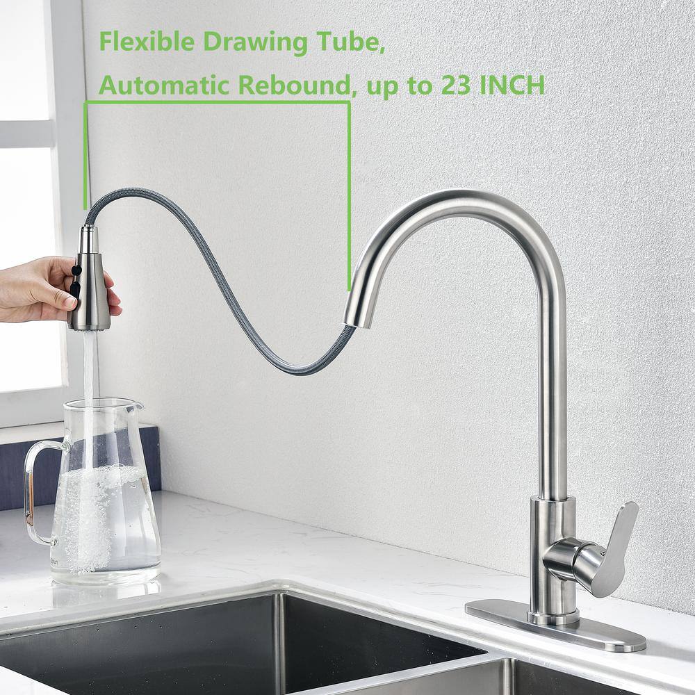 ruiling Modern Single-Handle Pull-Down Sprayer Kitchen Faucet with 3 Spray Mode in Stainless Steel ATK-173