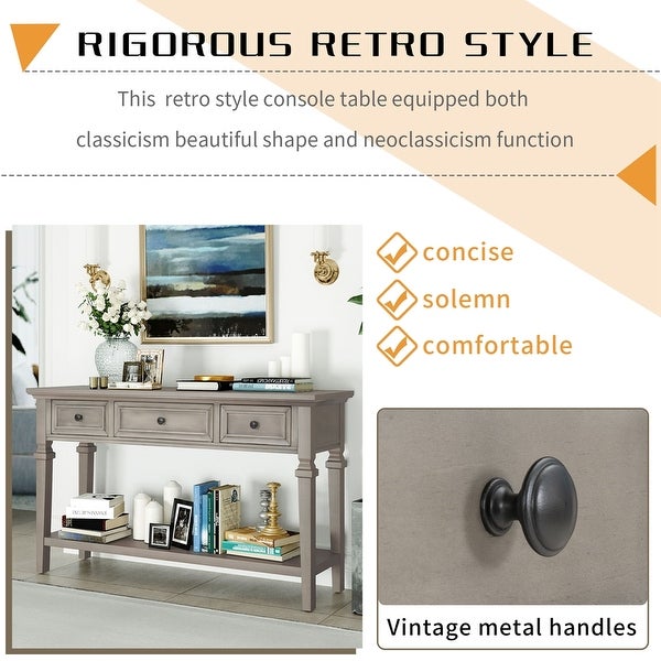 Classic Retro Style Console Table with Three Top Drawers and Open Style Bottom Shelf， Easy Assembly