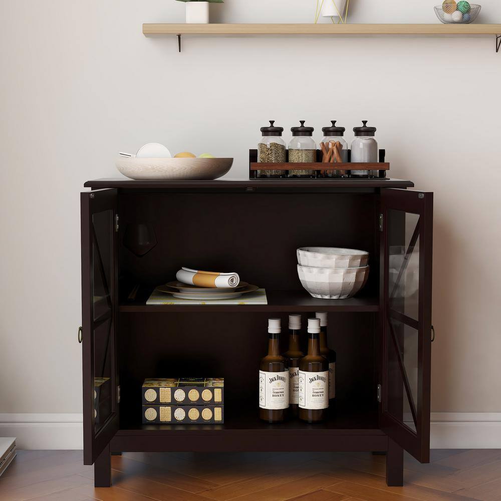 Brown Wood 31.5 in. Kitchen Island Cabinet with Double Glass Doors with Brushed Nickel Knobs and Square Tapered Legs W-MAD-85