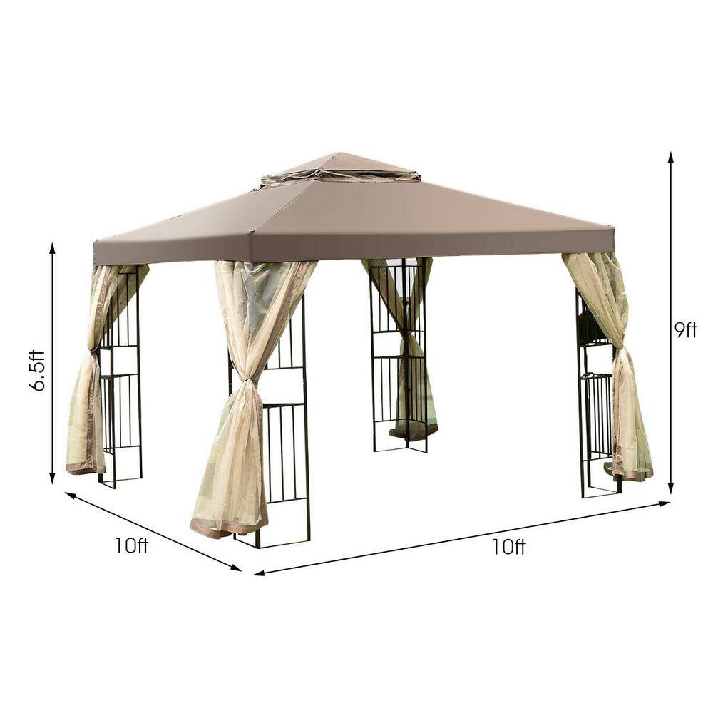 10 ft. x 10 ft. Brown Awning Patio Screw-free Structure Canopy Tent WF-OP3278