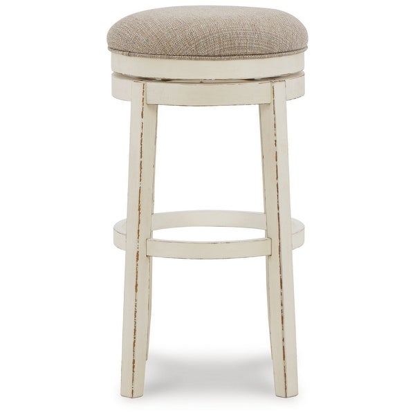 30 Inch Swivel Backless Barstool， Distressed White， Beige Polyester Seat