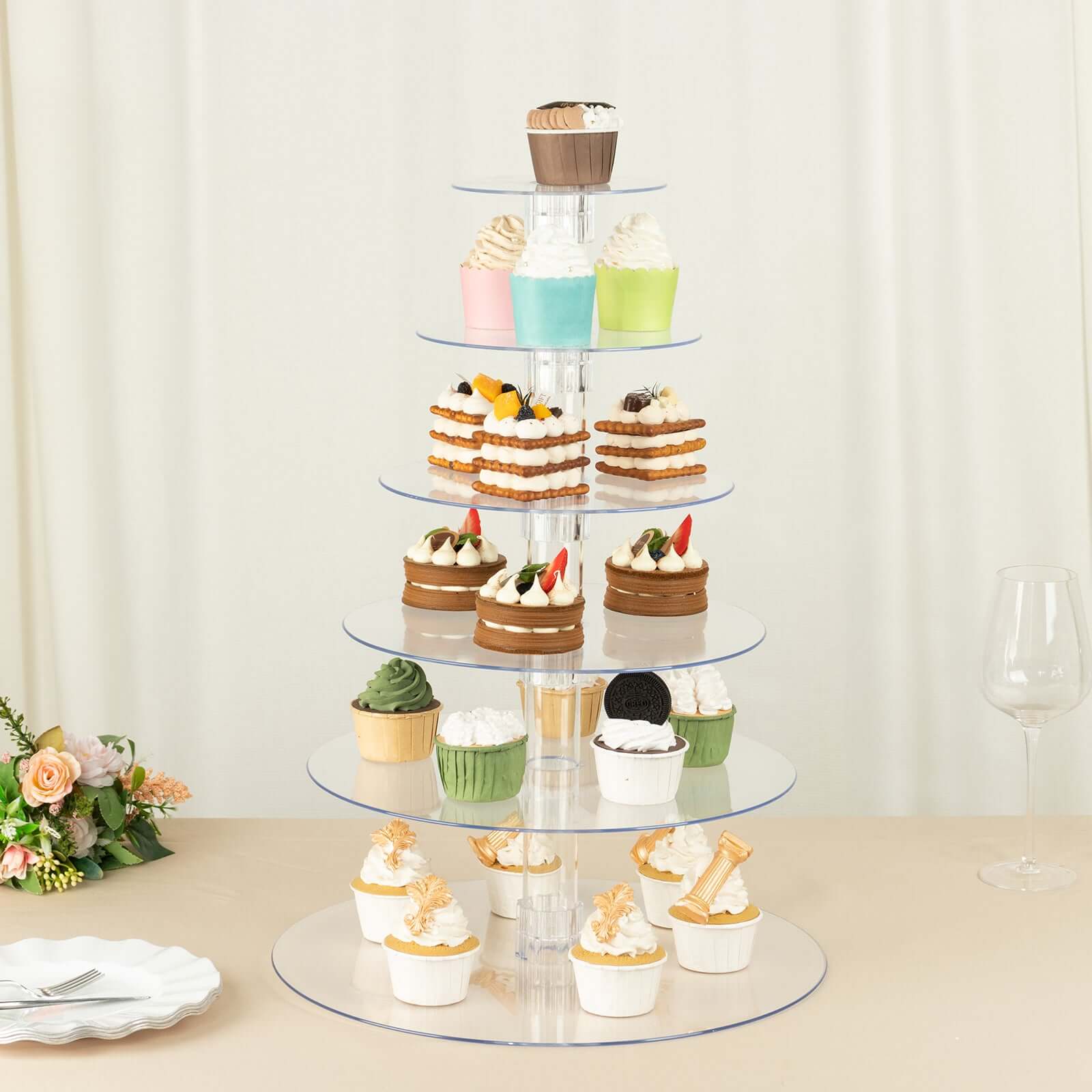 6-Tier Clear Heavy Duty Round Acrylic Cake Stand, Cupcake Tower Dessert Holder Display Stand with Film Sheets - 22