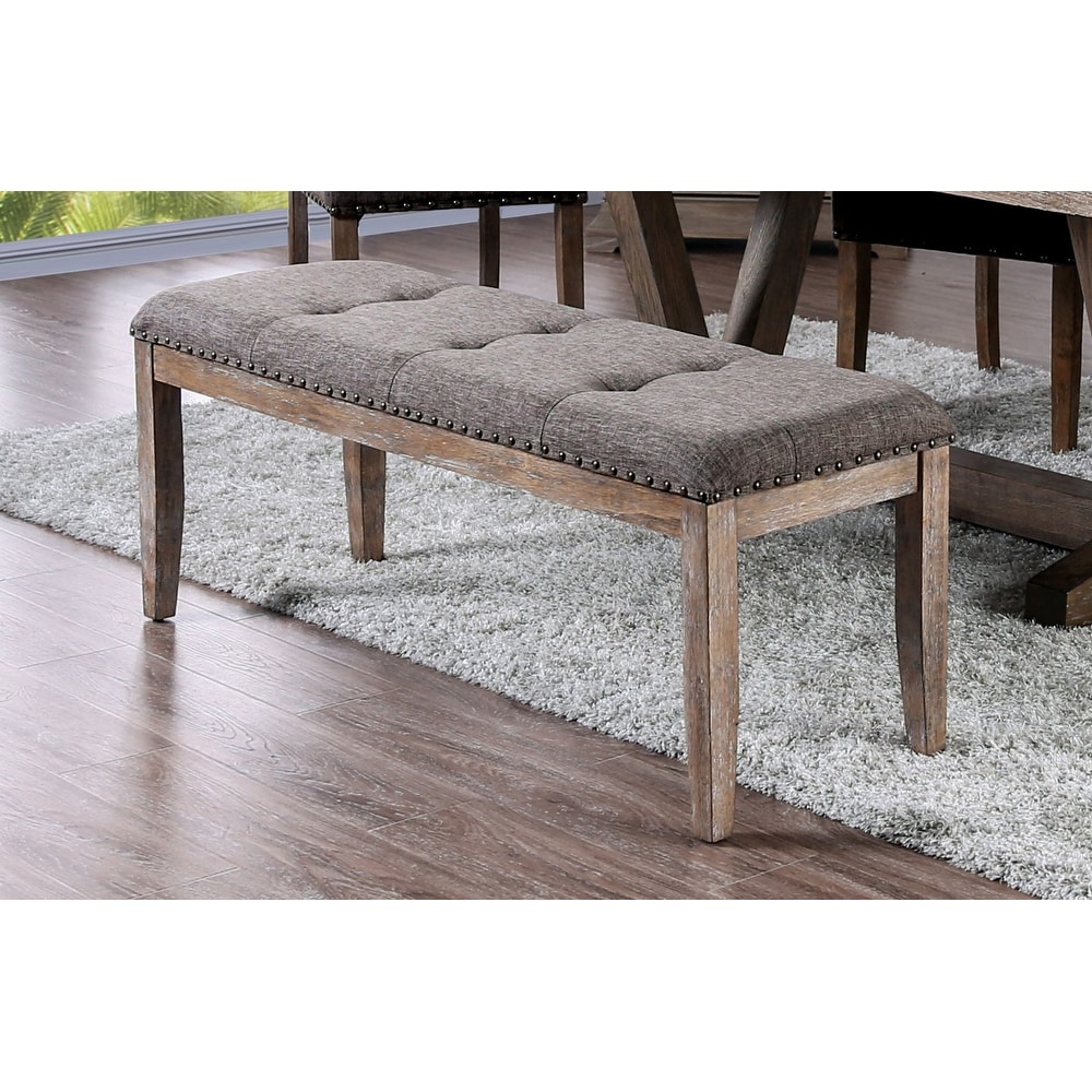 Fabric Upholstered Bench with Nail Head Trims  Brown and Natural