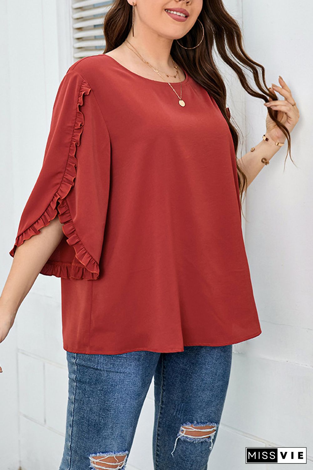 Red Split Flare Ruffle Sleeves Plus Size Top