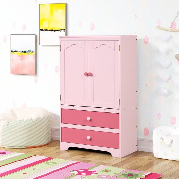 Cute Children's Wardrobe Side Cabinet 2 Doors with 1 Clothes Rail， 1 Shelf， 2 Drawers， Anti-Falling Hardware - - 36073581