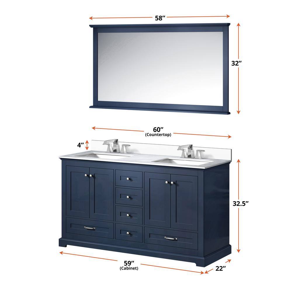 Lexora Dukes 60 in. W x 22 in. D Navy Blue Double Bath Vanity White Quartz Top and 58 in. Mirror LD342260DEWQM58