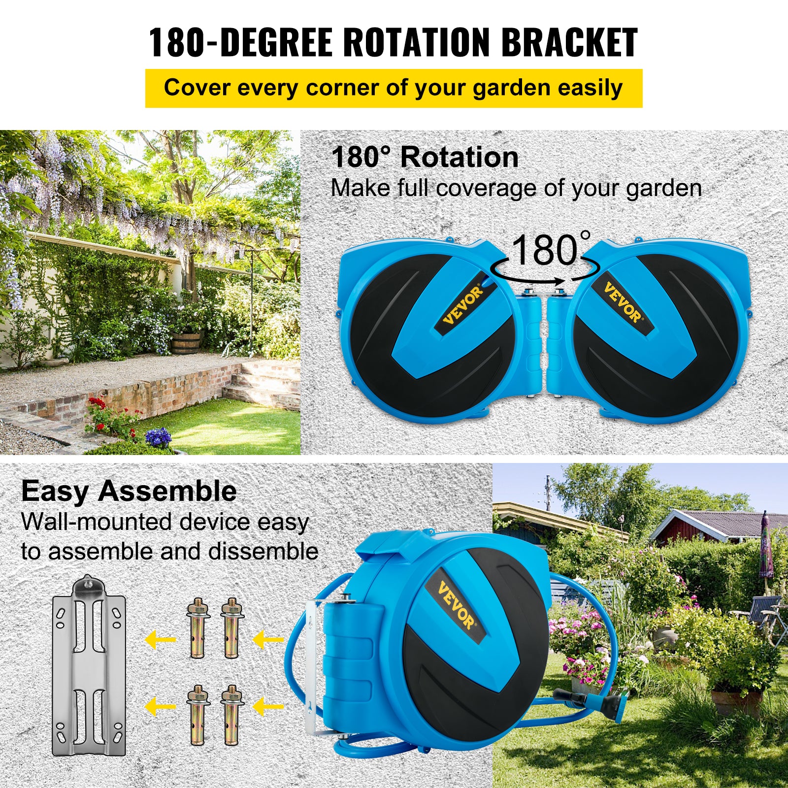 VEVOR Retractable Hose Reel， 1/2 inch x 100 ft， Any Length Lock and Automatic Rewind Water Hose， Wall Mounted Garden Hose Reel With 180° Swivel Bracket and 8 Pattern Hose Nozzle， Blue