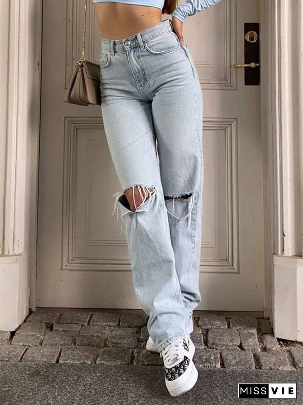 Blue Wash Straight Leg Knee Ripped Jeans