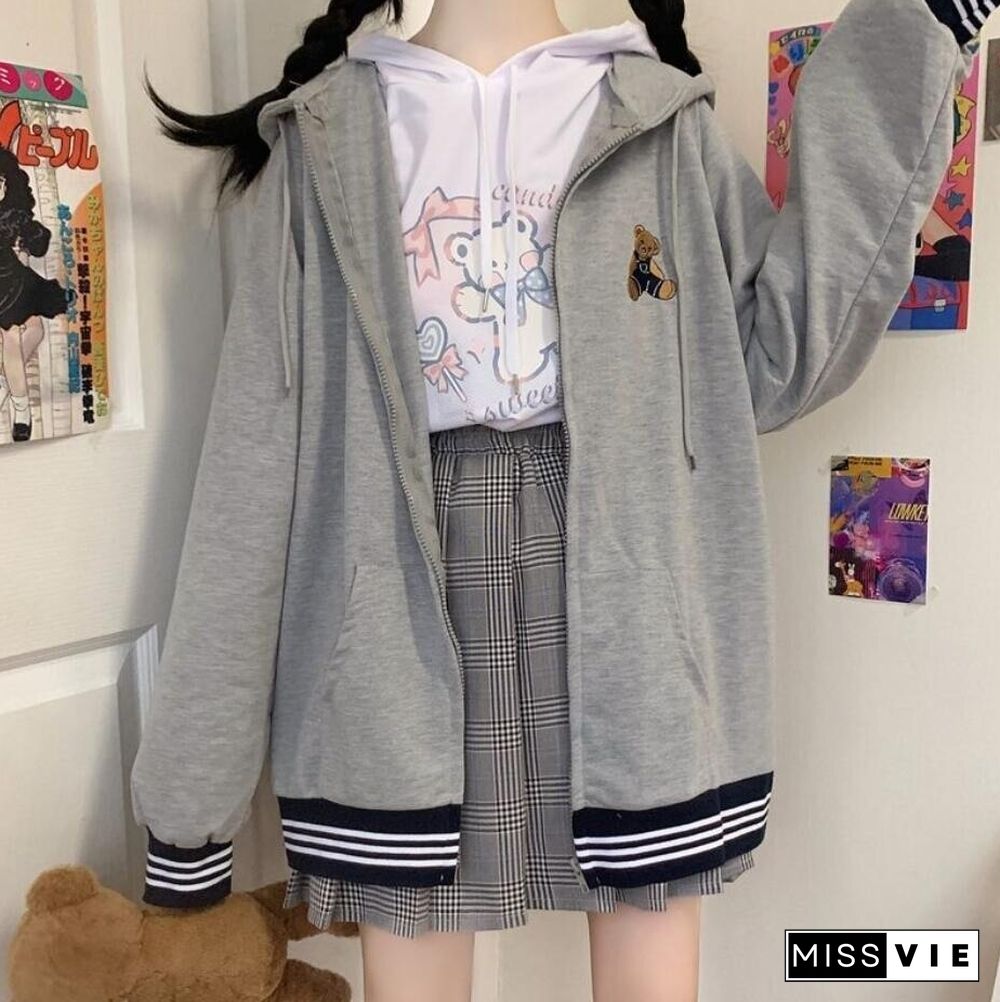 Spring Autumn Women Harajuku Zip Up Hoodies Oversized Loose Korean Version Sweatshirts Cute Kawaii Pocket Jacket Clothing Casual