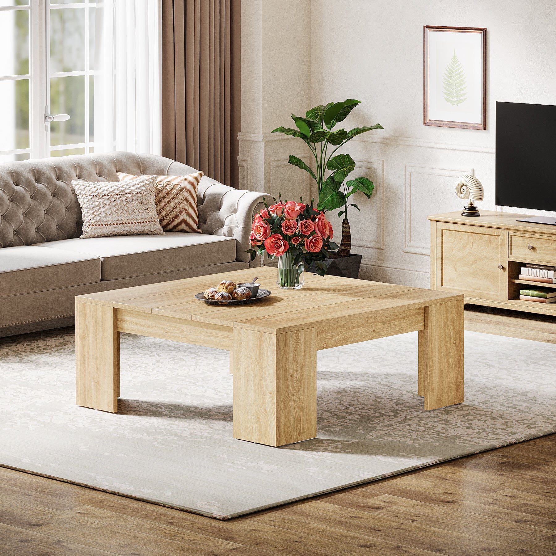 38.8 Square Coffee Table, Wood Center Table Snack Table