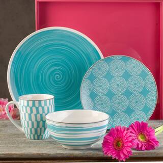 Euro Ceramica Simpatico 16-Piece Turquoise Stoneware Dinnerware Set (Service for 4) SPT-86-3102-TQ