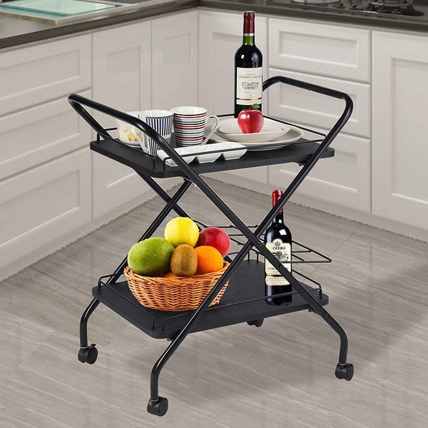 2-Tier Metal Wine Rack Rolling Utility Cart with Lockable Wheels