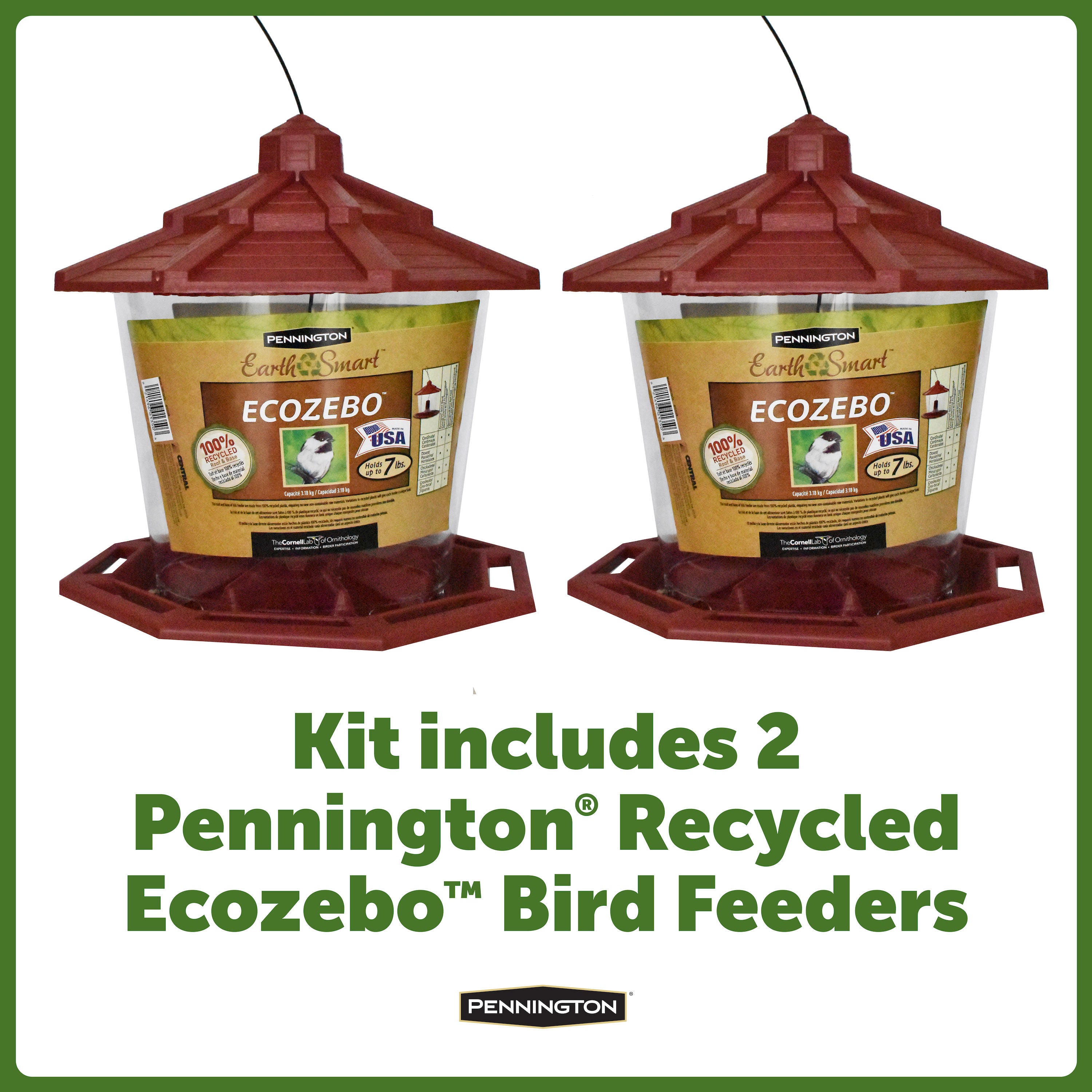 Pennington Red Resin Ecozebo Wild Bird Hopper Feeder， 7 lb. Capacity， 2 Pack