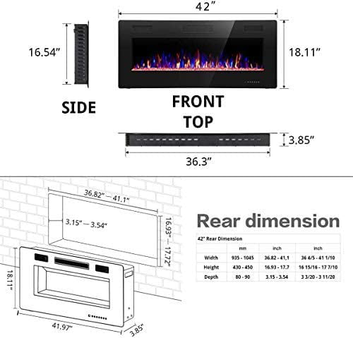 AGLUCKY 42 inch Recessed and Wall Mounted Fireplace,Low Noise, Fit for 2 x 6 and 2 x 4 Stud, Remote Control with Timer,Touch Screen,Adjustable Flame Speed