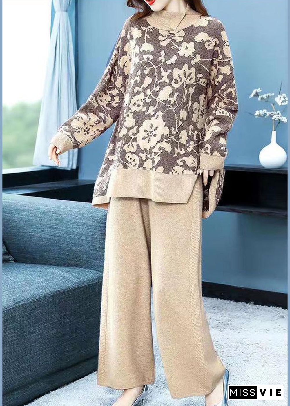 Elegant Khaki Print Tops And Pants Woolen Two Pieces Set Fall